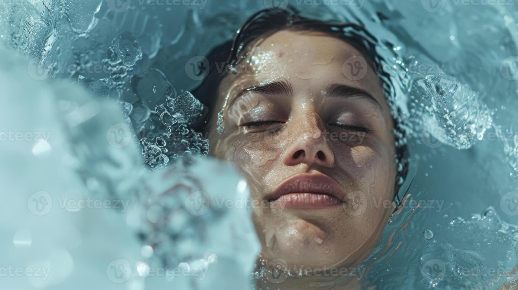 A woman emerging from a clear icy pond her face glowing and her body feeling invigorated from the combined practice of mindfulness and ice photo