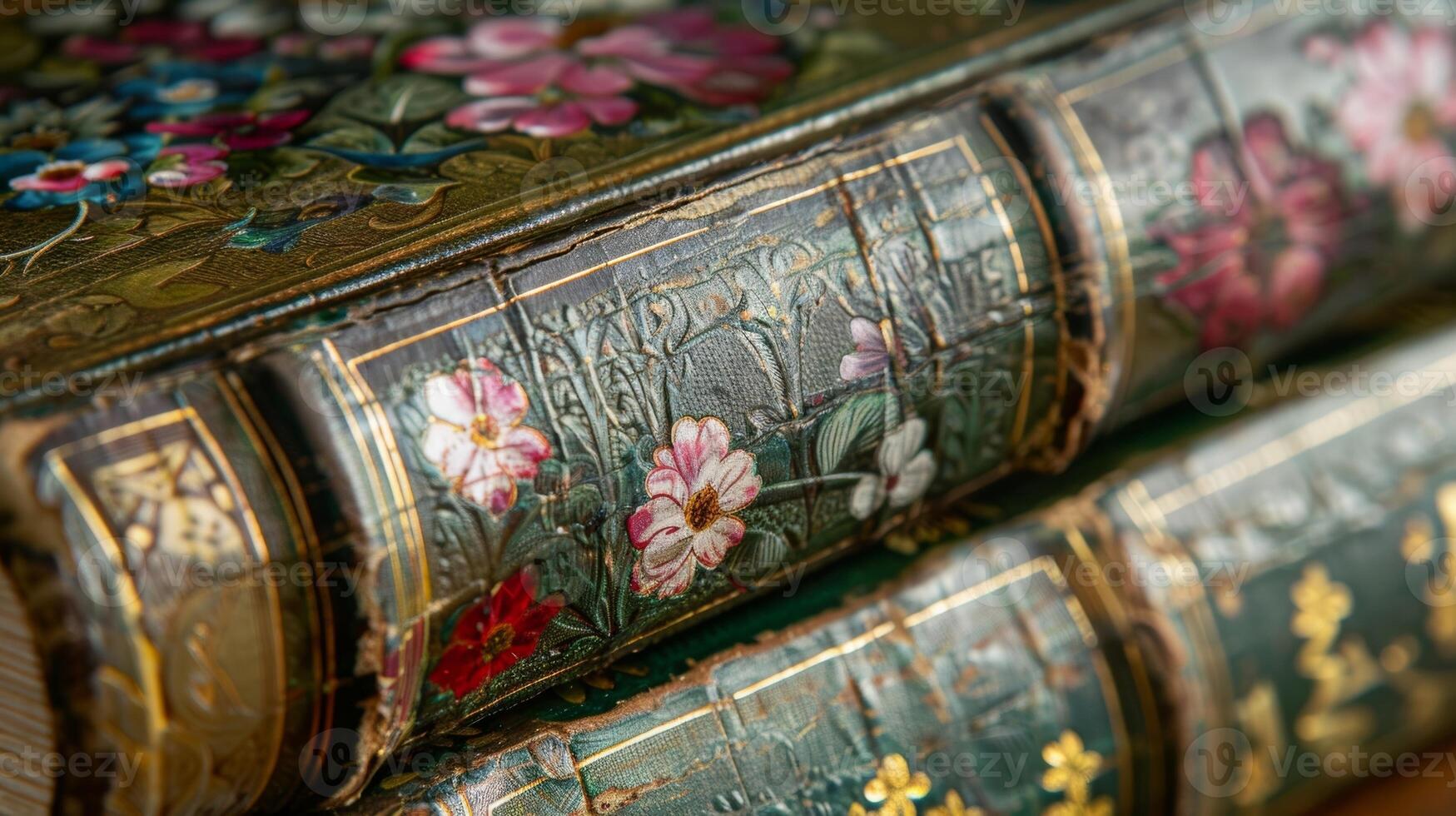 A closeup of the spine shows intricate floral patterns and gold leaf detailing. There are also small imprints of previous owners names and dates giving a glimpse into the books past photo