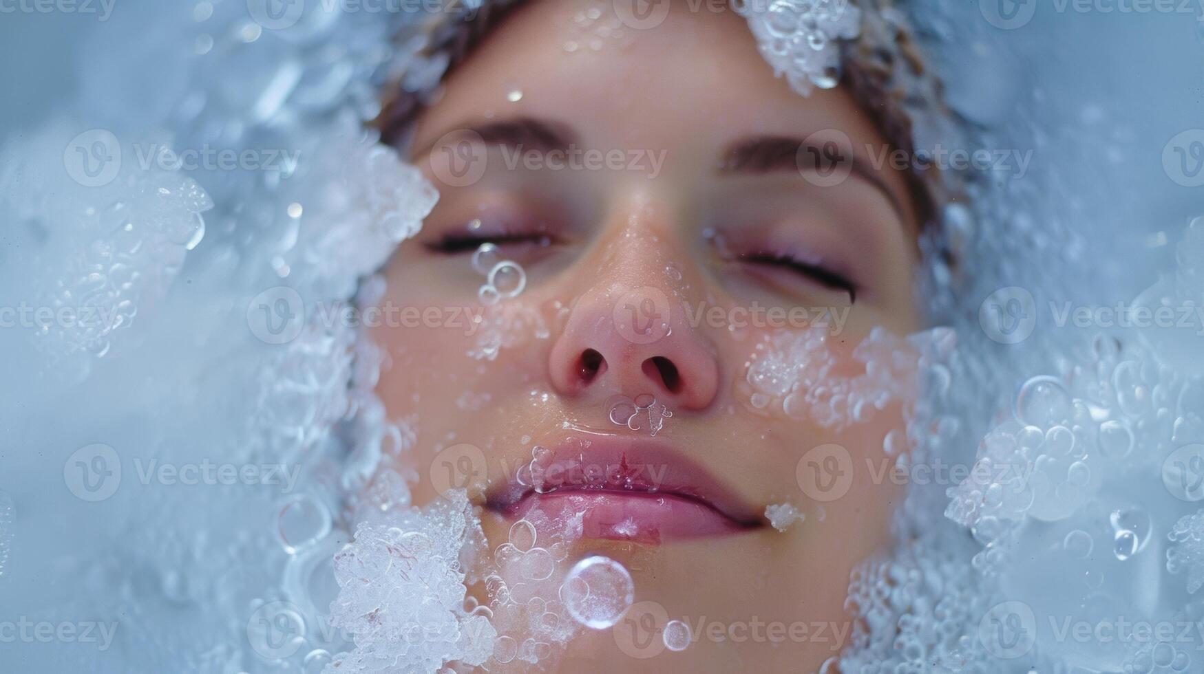 Surrounded by snow and ice a woman enjoys the rejuvenating effects of an ice bath on her immune system photo