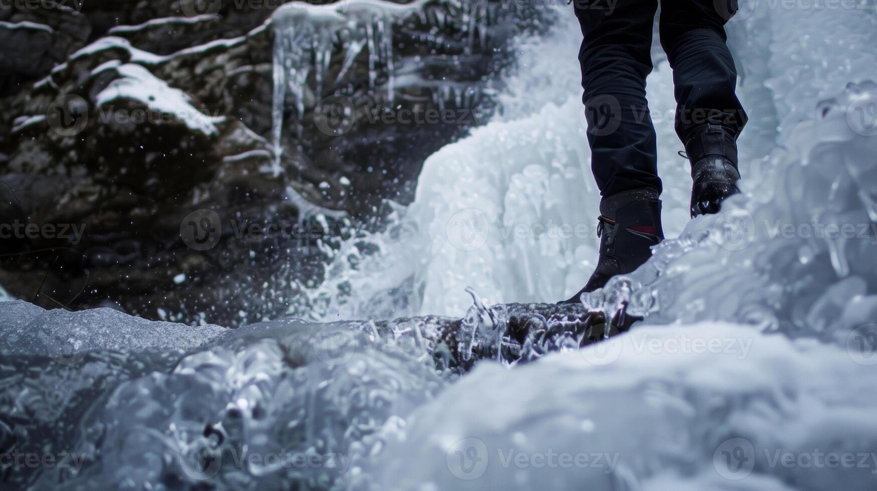 A person standing on the edge of a partially frozen waterfall preparing to take a dip in the icy waters below photo