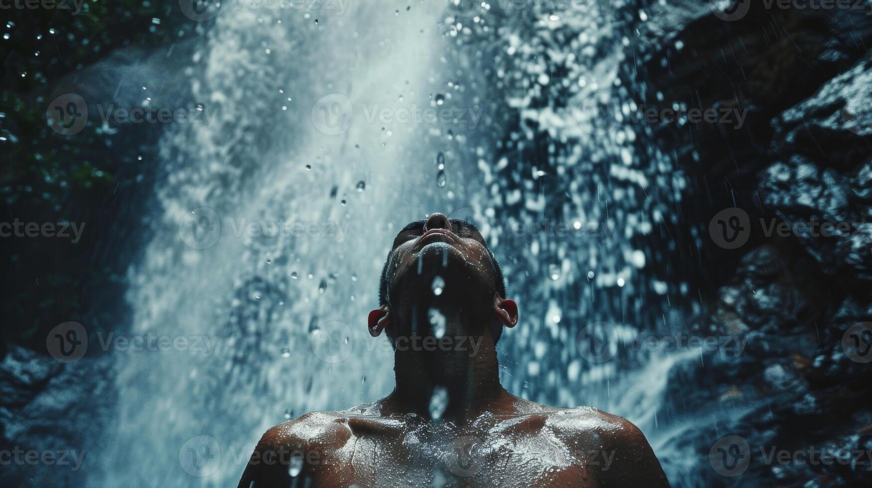 A man standing under a cascading waterfall the cold water pounding onto his shoulders as he takes deep revitalizing breaths photo