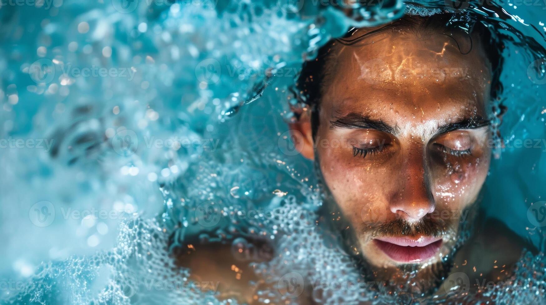 An athlete submerged in a pool of icy water postworkout to aid in muscle recovery photo