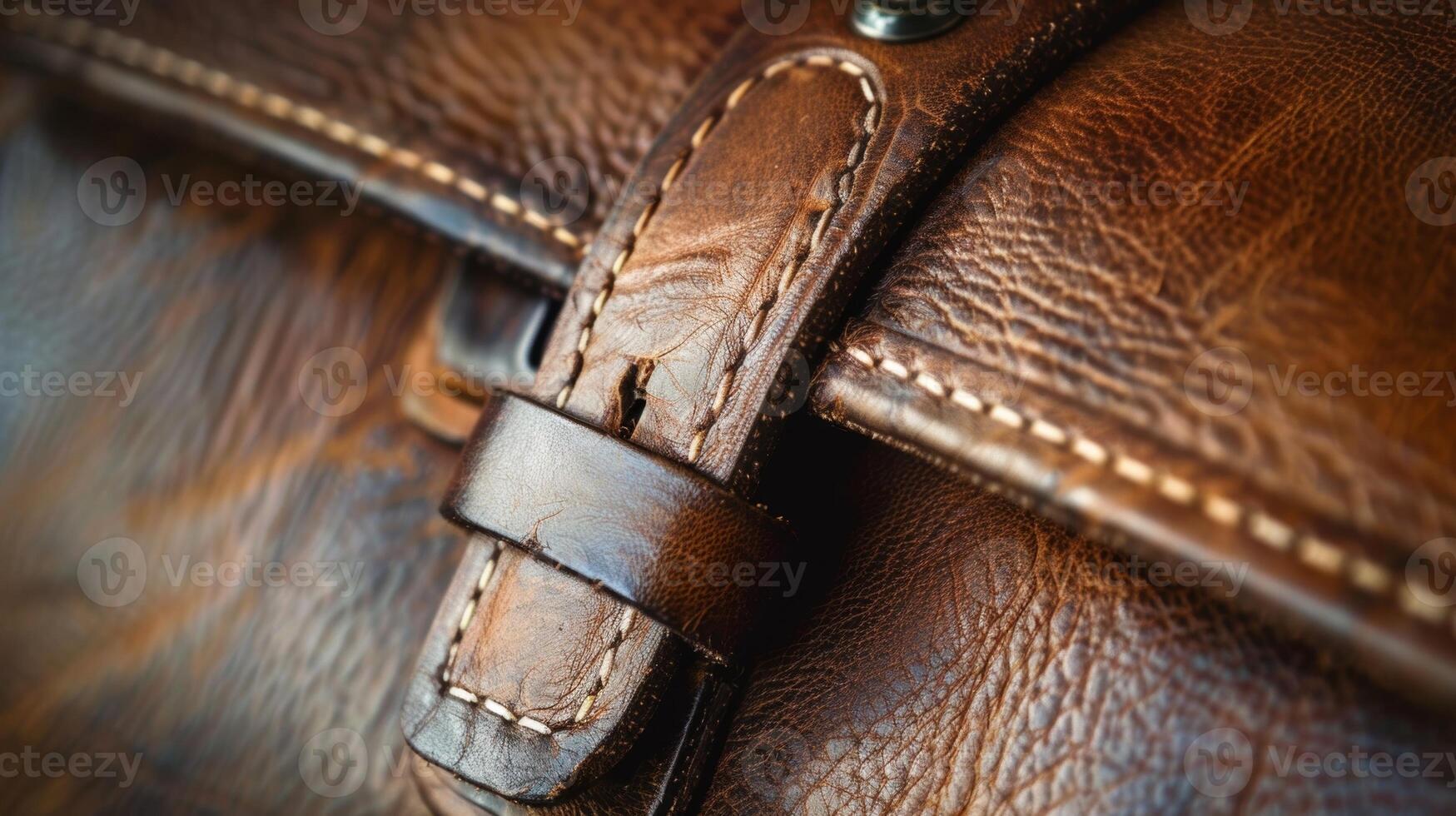 This image captures the fine craftsmanship of a leather briefcase with a closeup of the grain and stitching on the handle. The deep brown color of the leather exudes professionalis photo