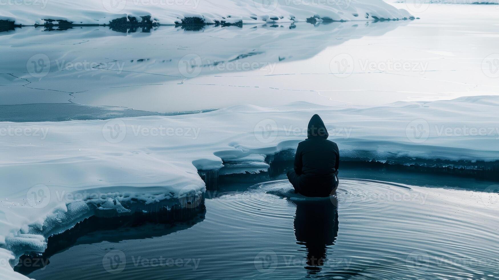 A lone figure sitting in a secluded ice pool surrounded by the silence of a winter wonderland photo
