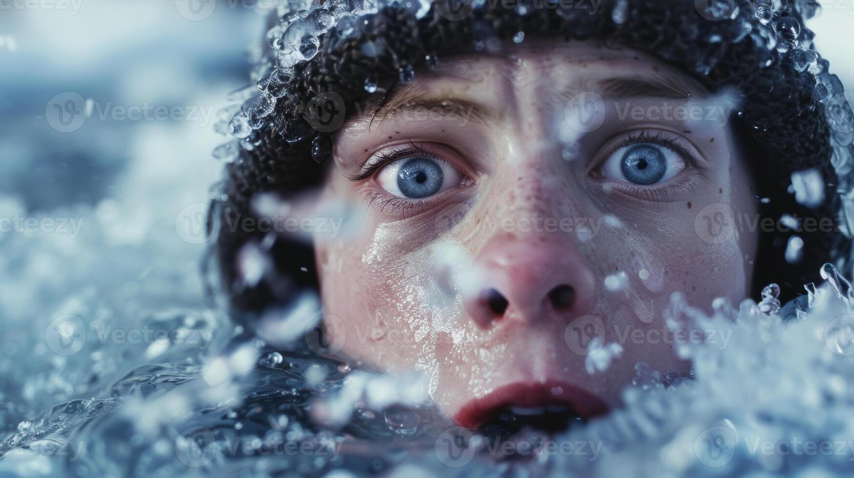 A closeup of a persons shocked expression as they hit the icy water their breath visible in the freezing air photo