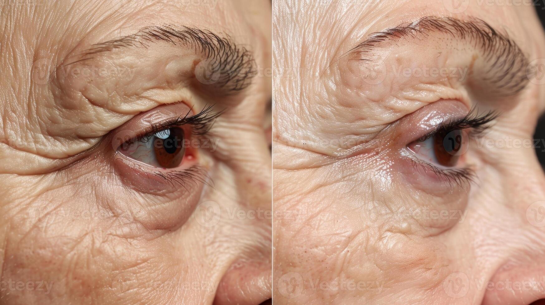 A sidebyside comparison of a persons face before and after a series of cryotherapy treatments demonstrating significant improvement in fine lines and dark circles photo