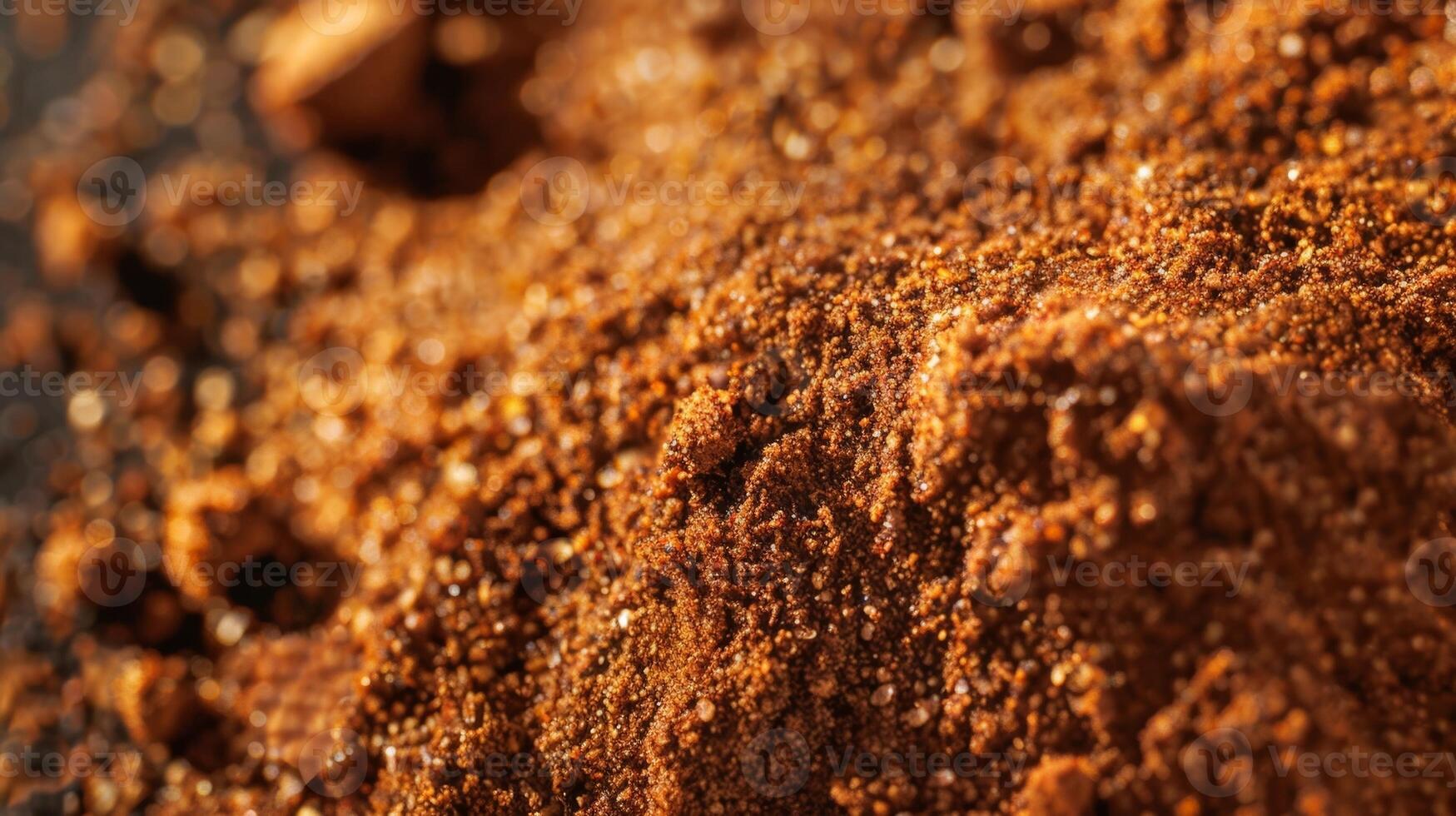 A macro shot capturing the rich earthy tones of a blend of gourmet es. The mix includes shades of cinnamon paprika and cumin with hints of smoky grey and orange. The fine powder photo