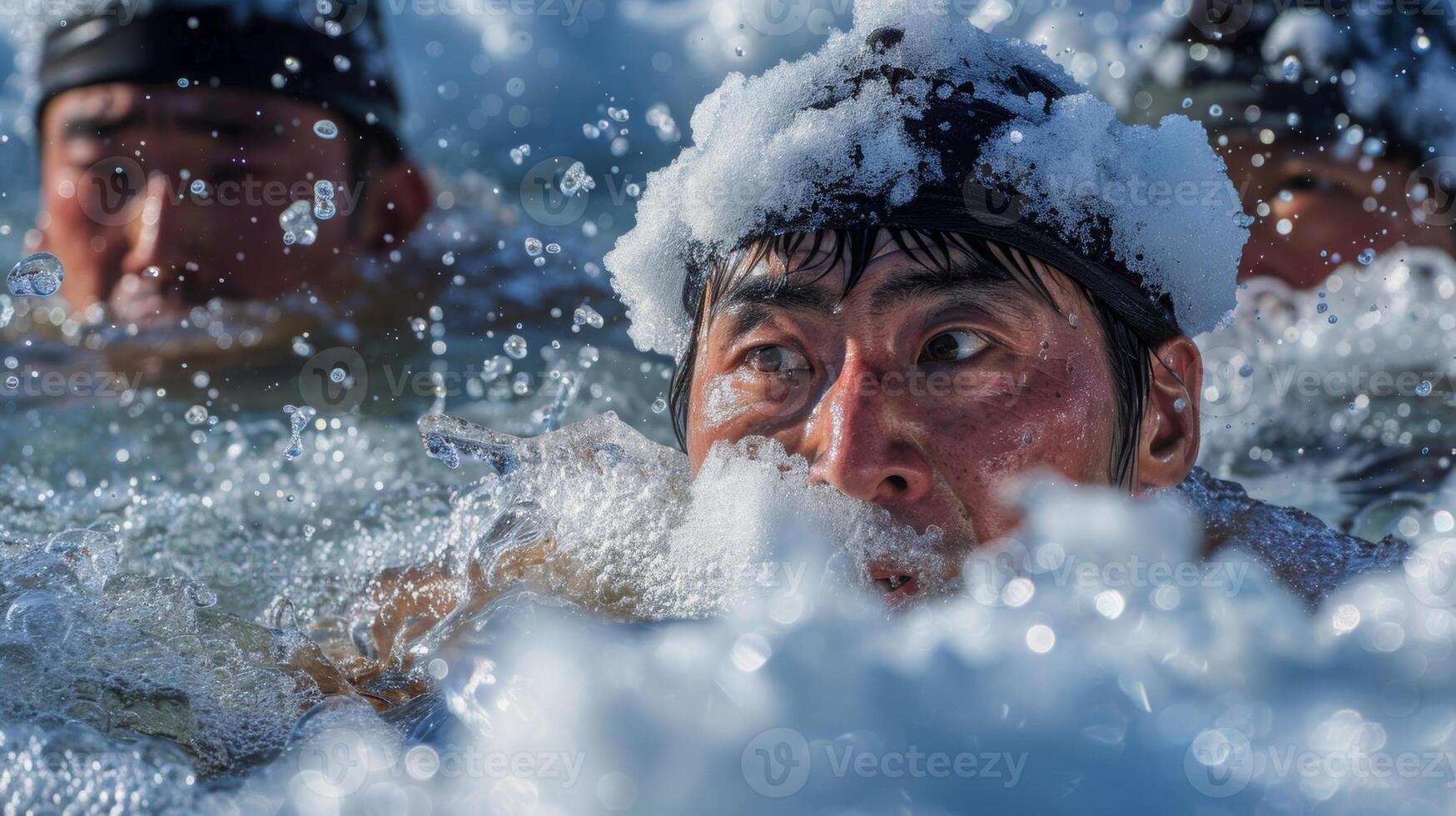 A traditional ceremony in Japan where participants dip into a frozen lake to mark the end of winter photo