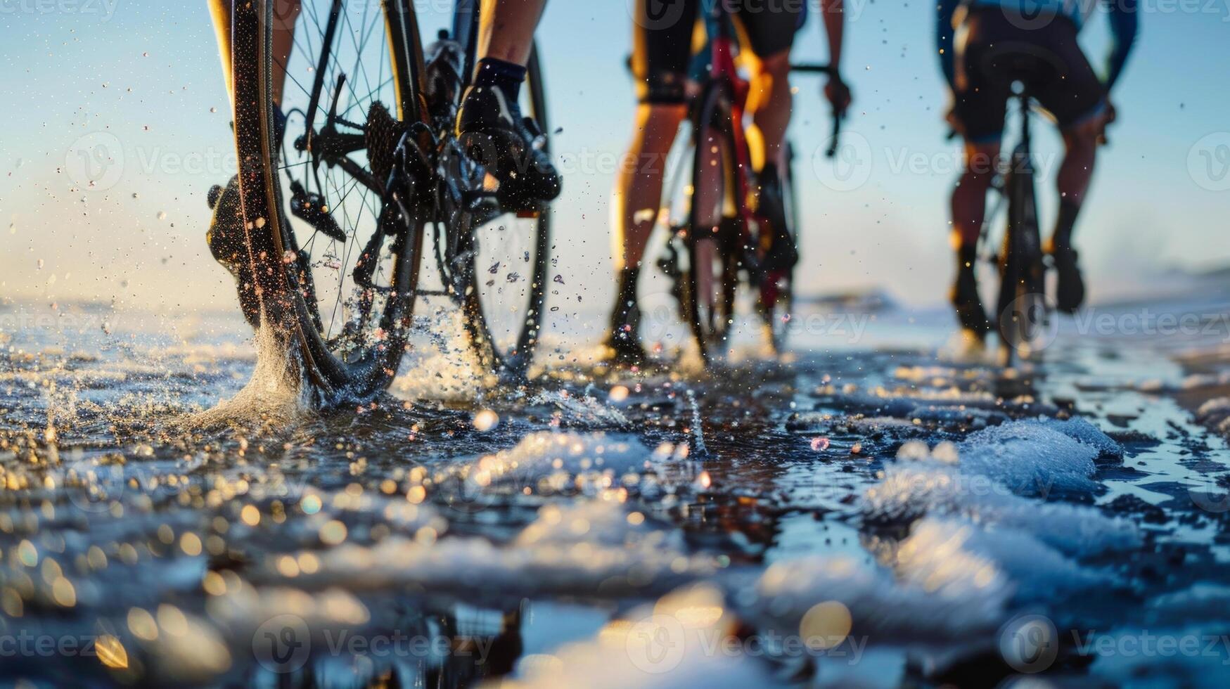 A group of cyclists ending their ride with a dip in a nearby icecold lake rejuvenating their tired muscles photo