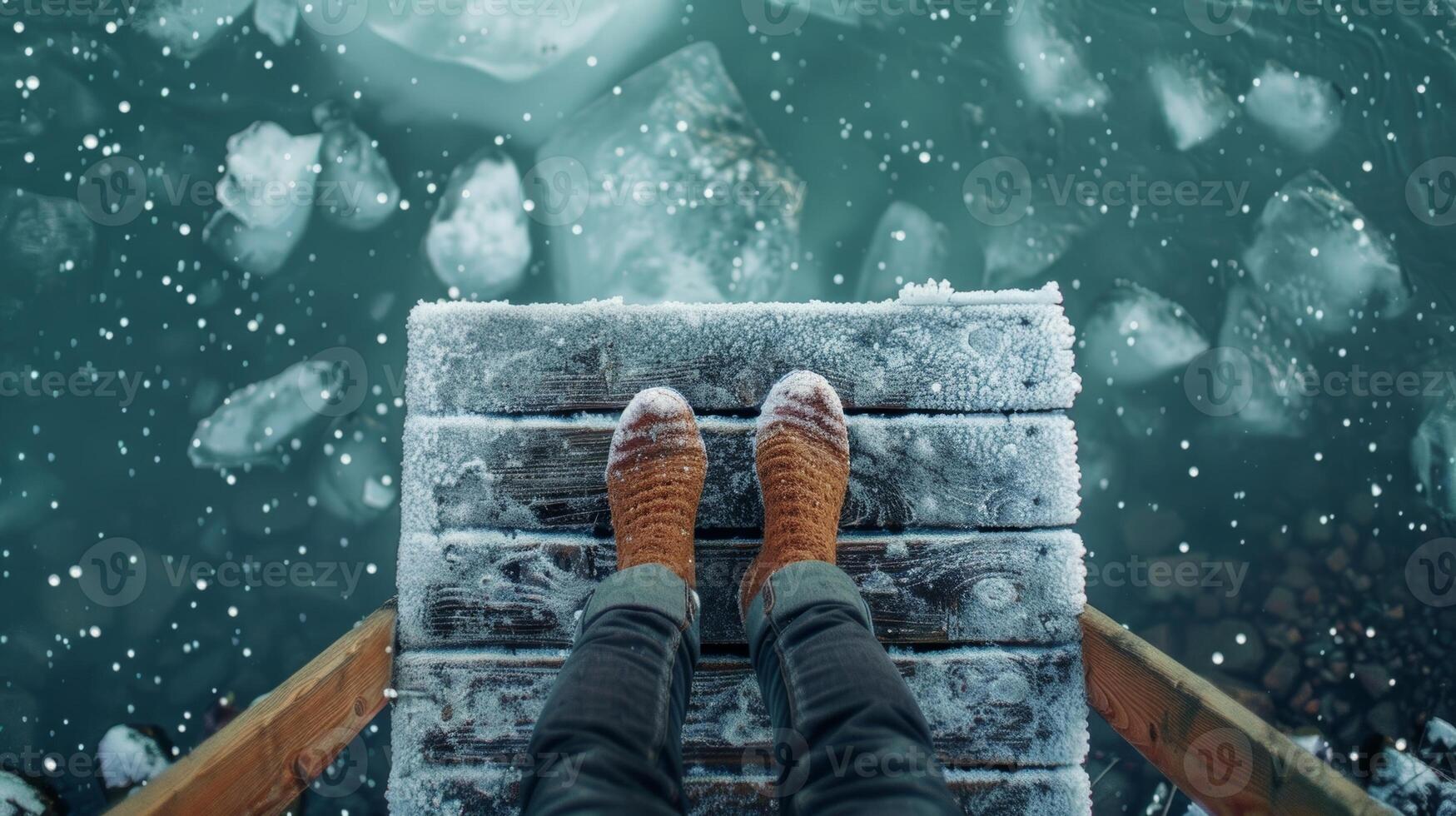 A woman sits on a dock her feet dangling in the icy waters below journaling and reflecting on her personal journey of selfdiscovery and wellness photo