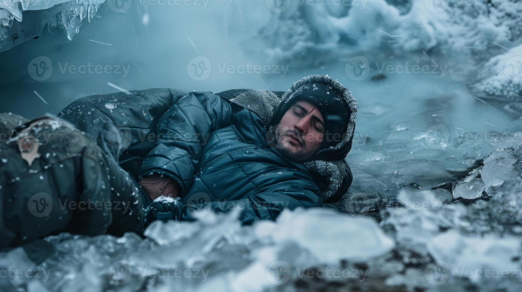 A man lies on the ground covered in thick blankets as steam rises from his body after emerging from a hole in the ice after a prolonged ice bath session photo