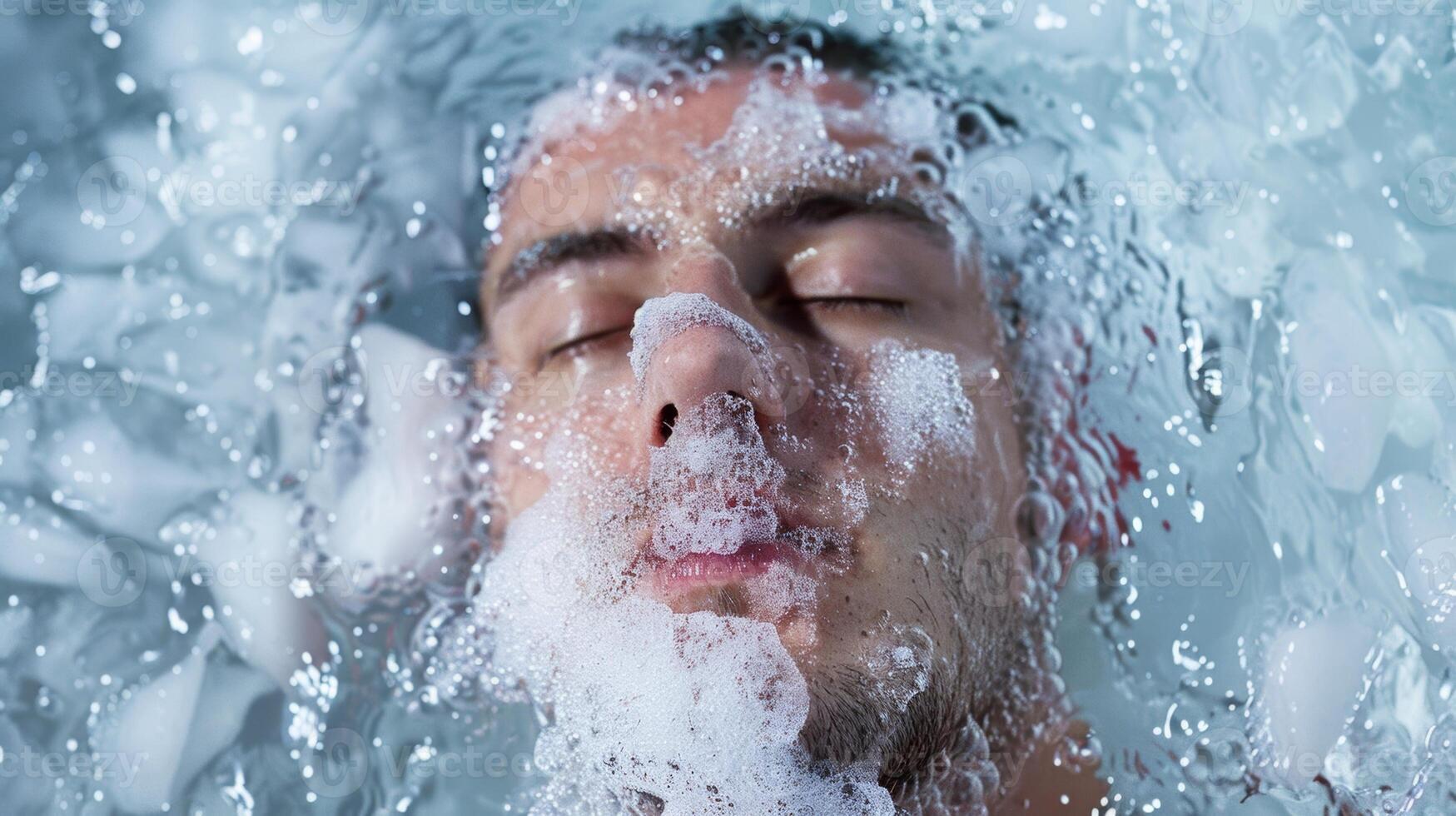 A man lying back in an ice bath his face covered with a soothing blend of peppermint and chamomile oils photo