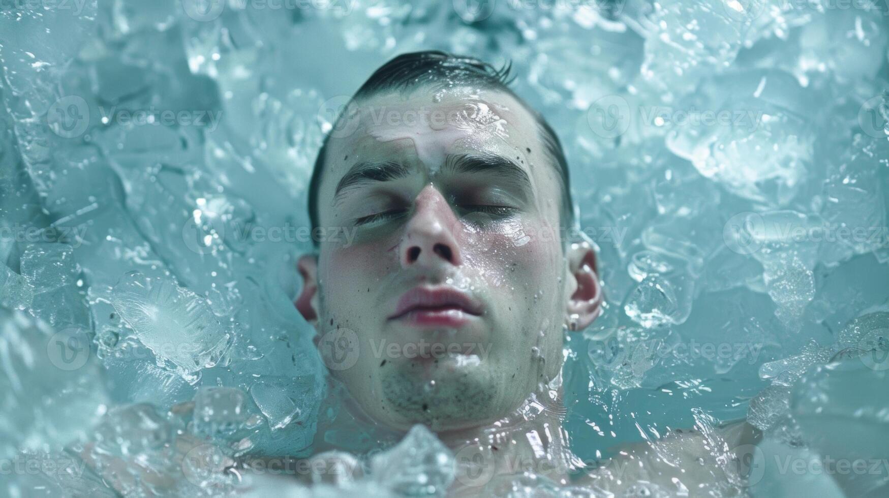 A person submerged in an ice bath their muscles tense as they endure the frigid water in order to increase their endurance photo