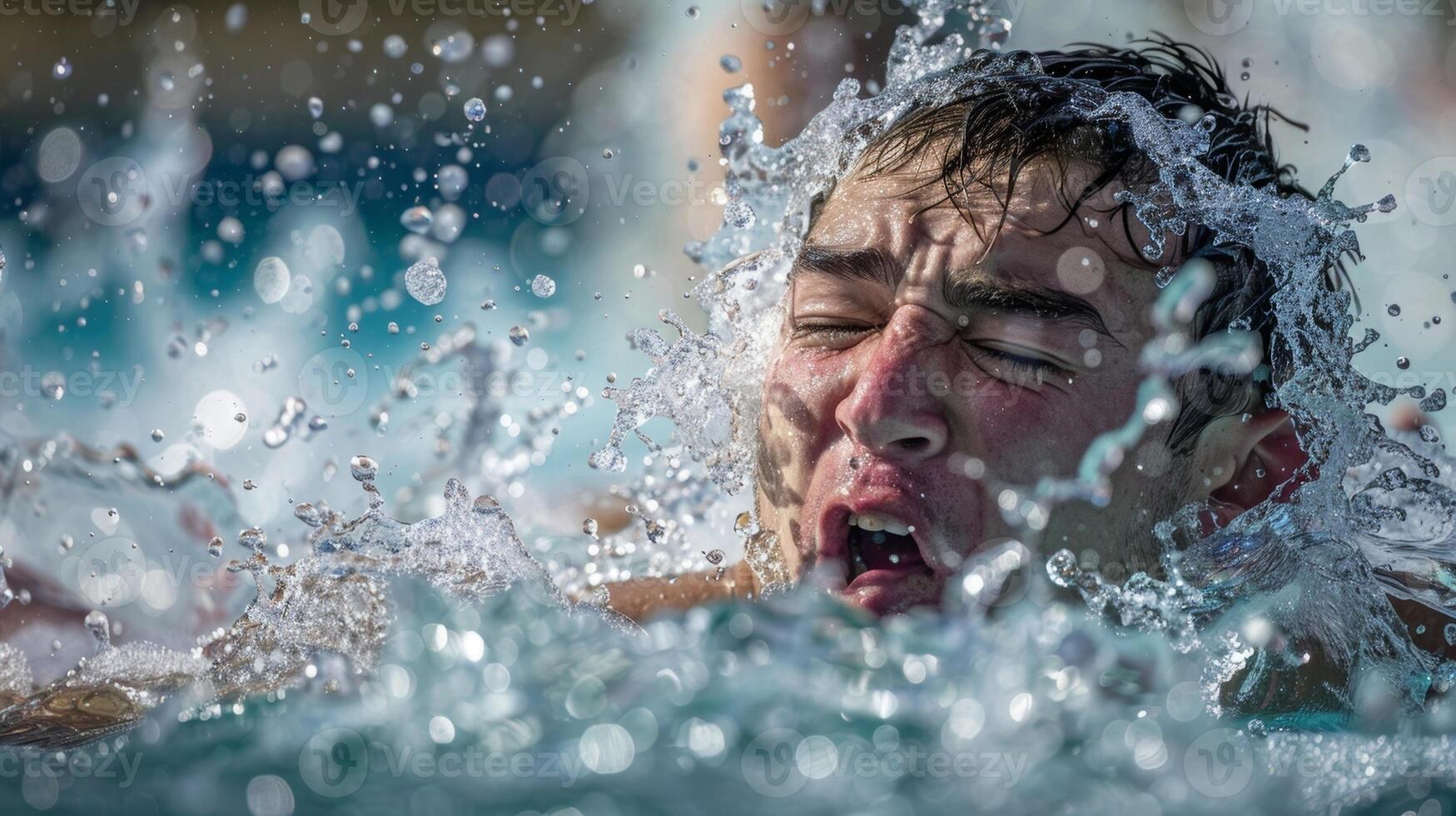 A rugby player plunging into a cold pool after a tough practice the shock of the water making them gasp but also rejuvenating their body photo