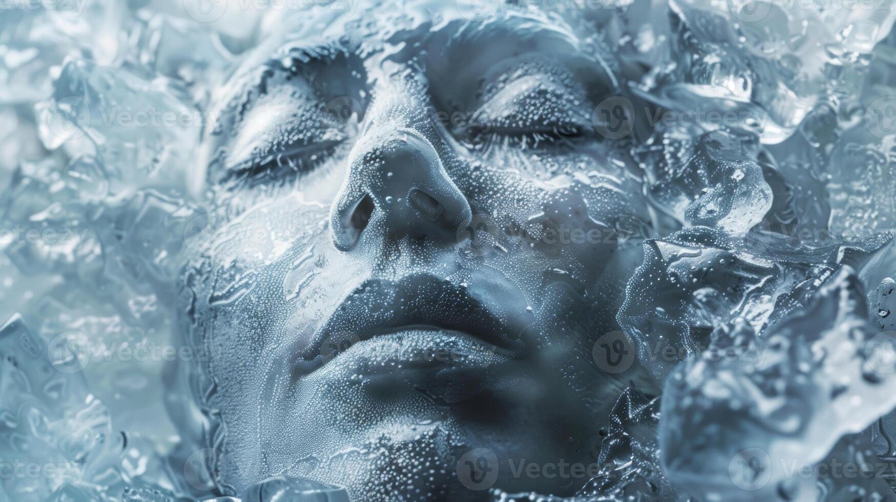 An extreme closeup of a persons face in an ice bath with the words Mind over matter etched into the ice photo