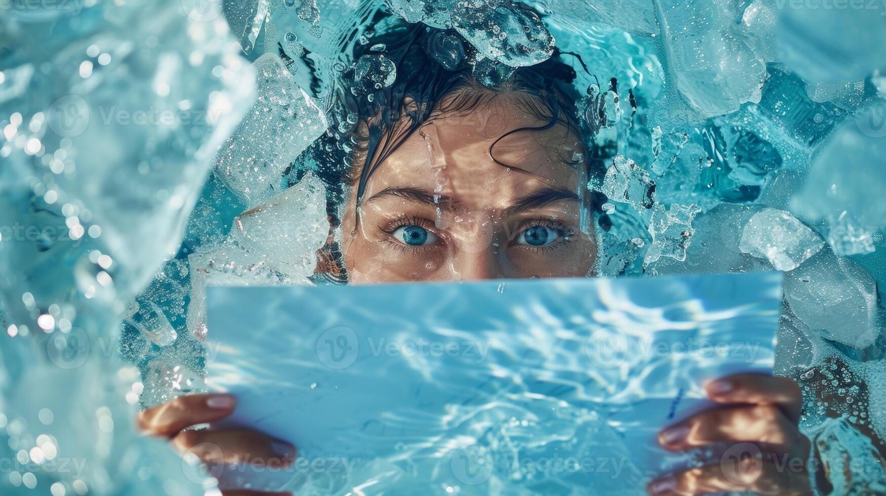 A person holding a sign with a motivational quote while in an ice bath with the words Never let your fear stop you from trying written across the image photo
