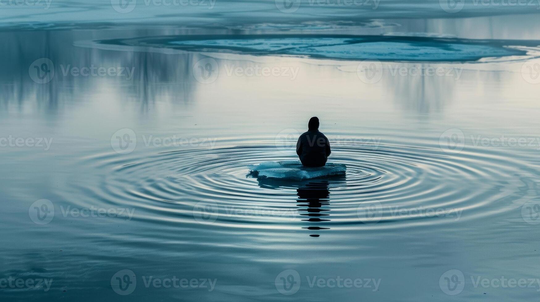 A serene image of a lone figure in an ice bath with the words Find peace in the discomfort accompanying the photo