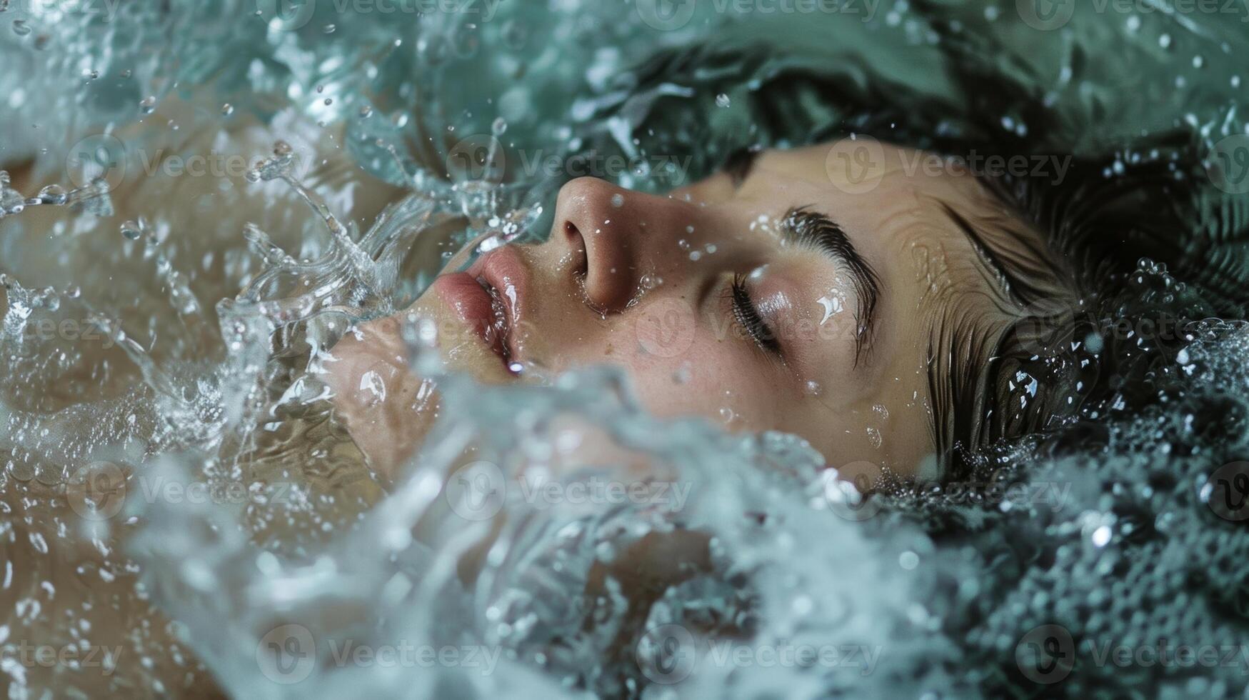 A person lying on their back face scrunched up as they dip their head in cold water for tension release photo