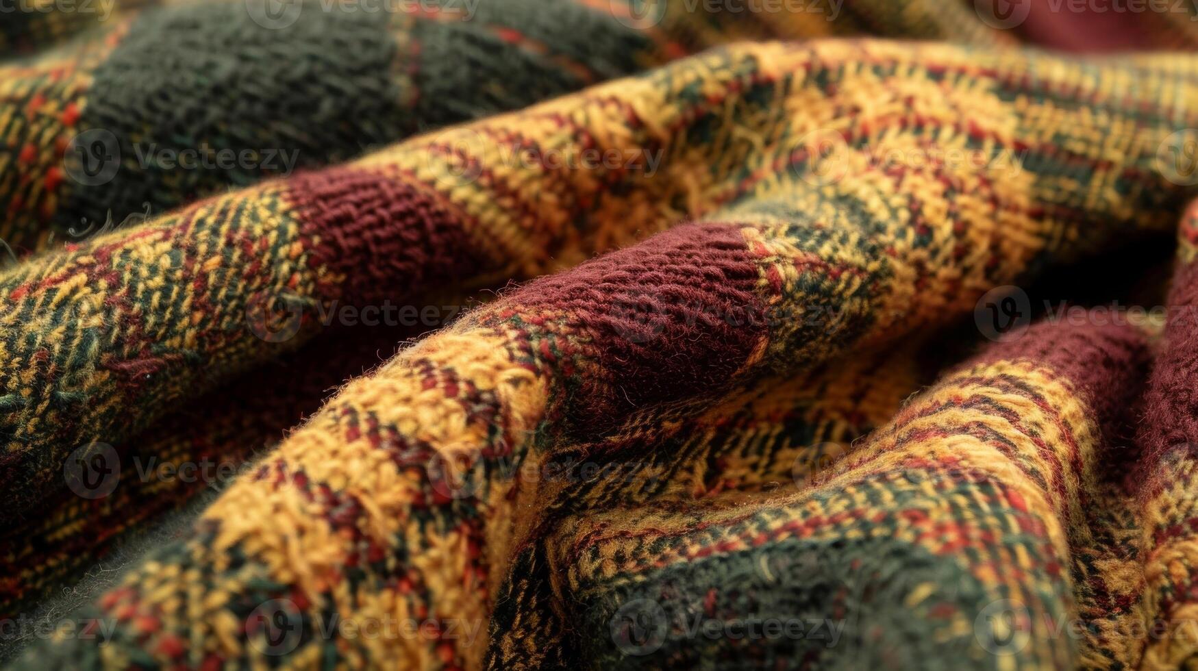 A detailed shot of a vintage plaid fabric featuring a variety of earthy tones such as burgundy forest green and mustard. The textured weave of the fabric is visible creating a coz photo