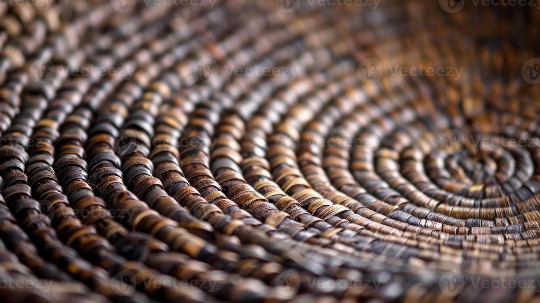 A close view of a round handwoven basket displays a unique bubble pattern created by the overlapping weaves of thin dark reeds photo
