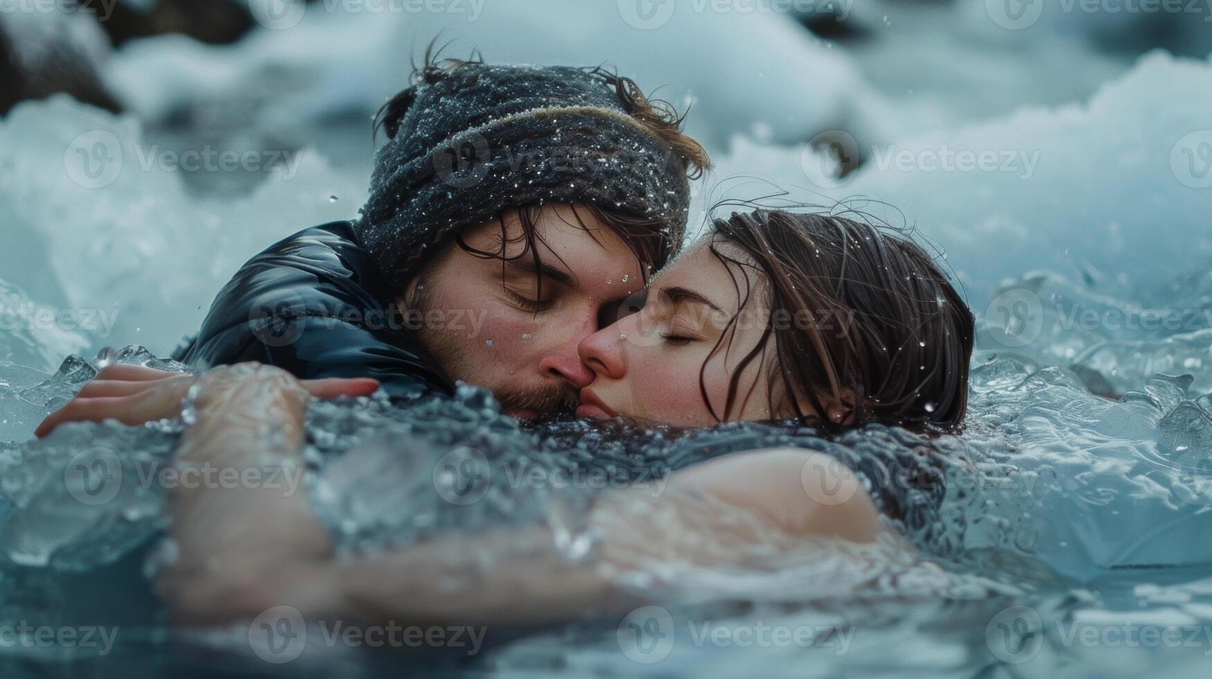 A couple sharing a warm embrace while submerged in a naturally formed ice bath photo