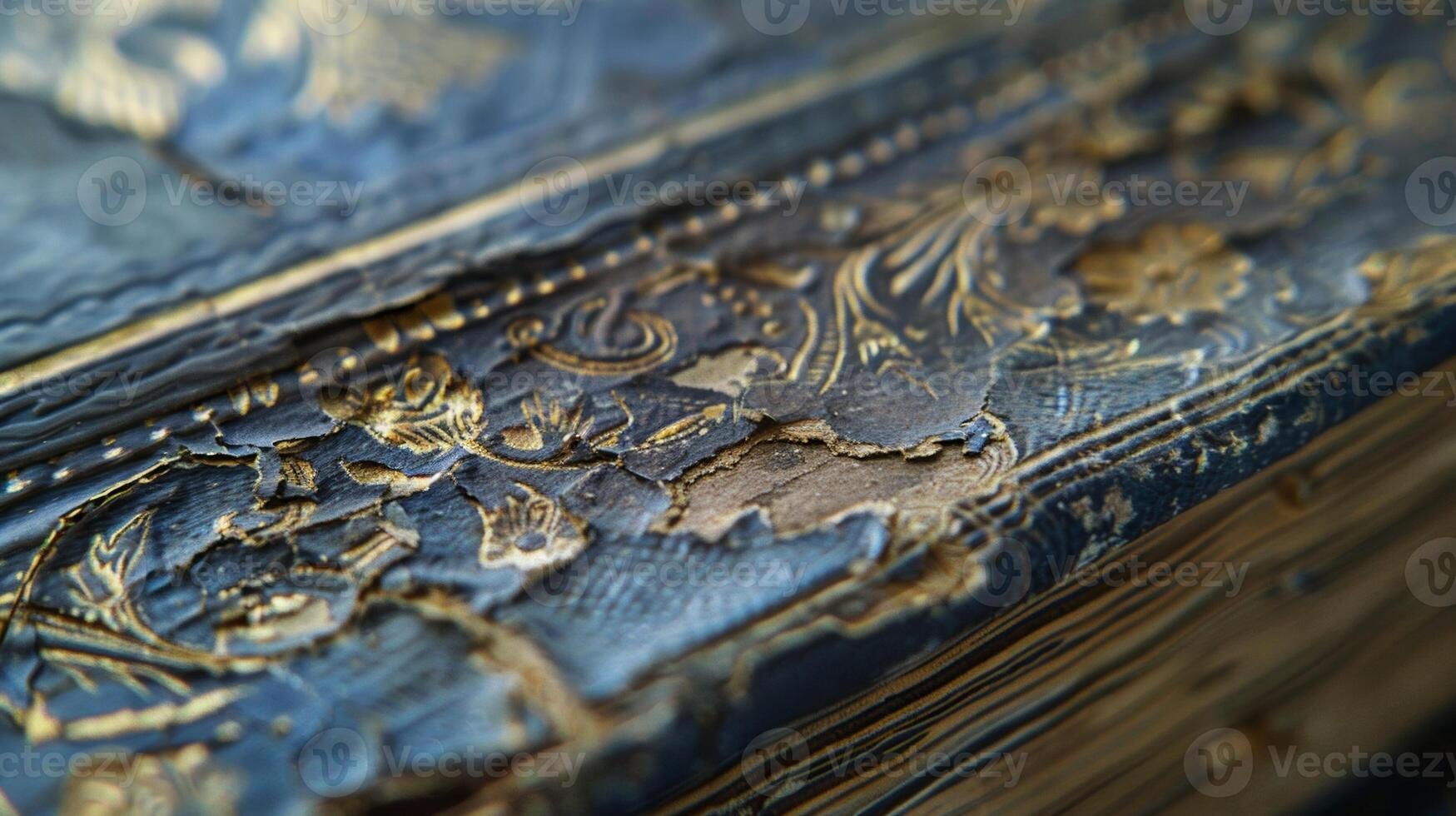 A closeup of the spine reveals intricate embossed designs and fading gold lettering. There are also small tears and frayed edges adding to the books wellloved appearance photo