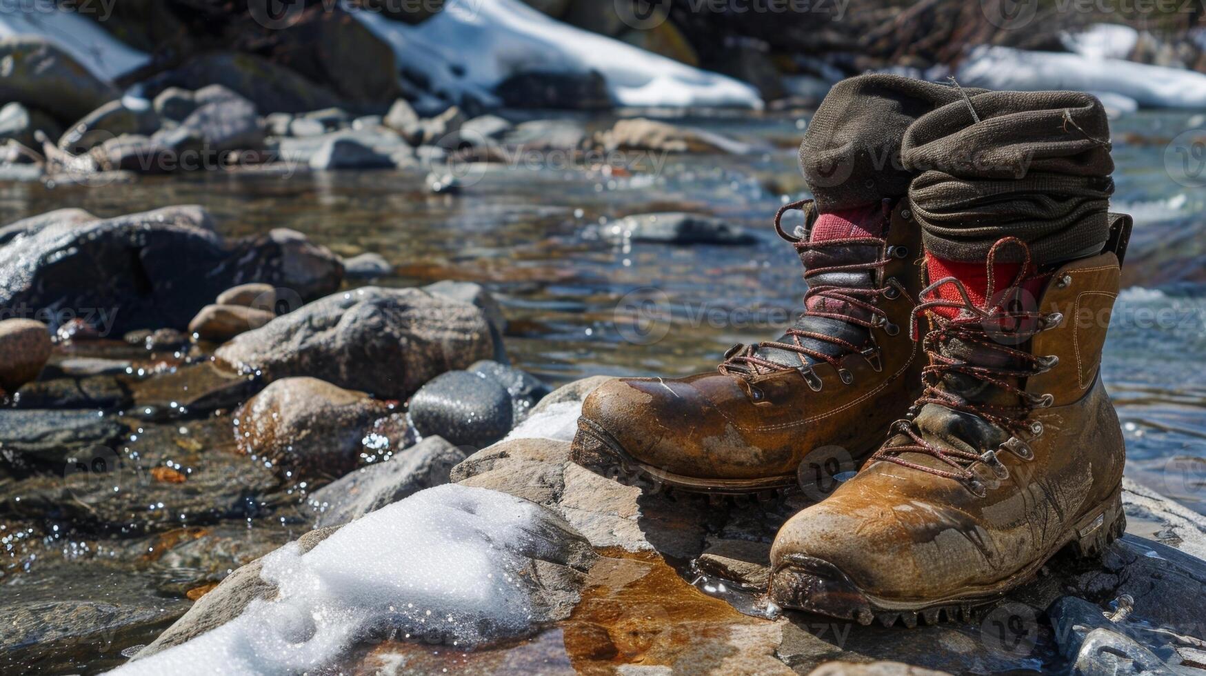 A pair of hiking boots and socks drying in the sun on a flat rock having been soaked through during a trek through a frigid mountain stream photo