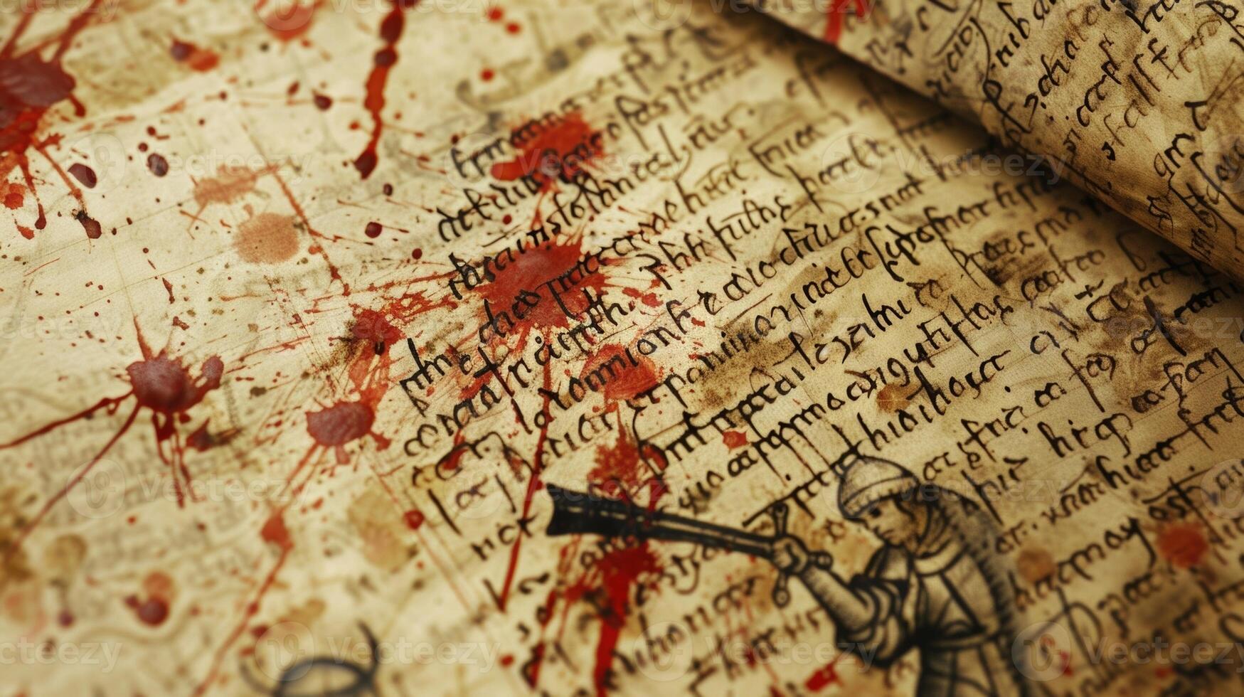 A handwritten mcript from the Middle Ages describing Viking warriors cleansing themselves in frozen rivers after battle photo