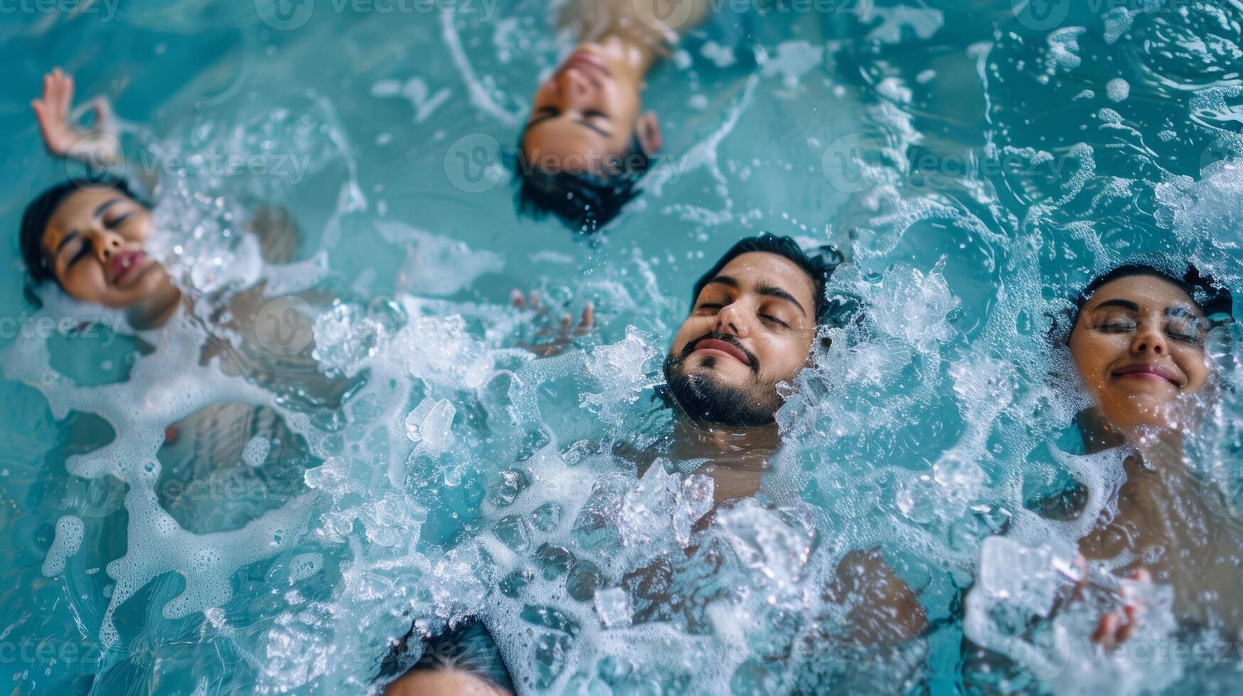 A group of people practicing cold water therapy immersing their bodies in icy water to stimulate flow and reduce joint inflammation photo
