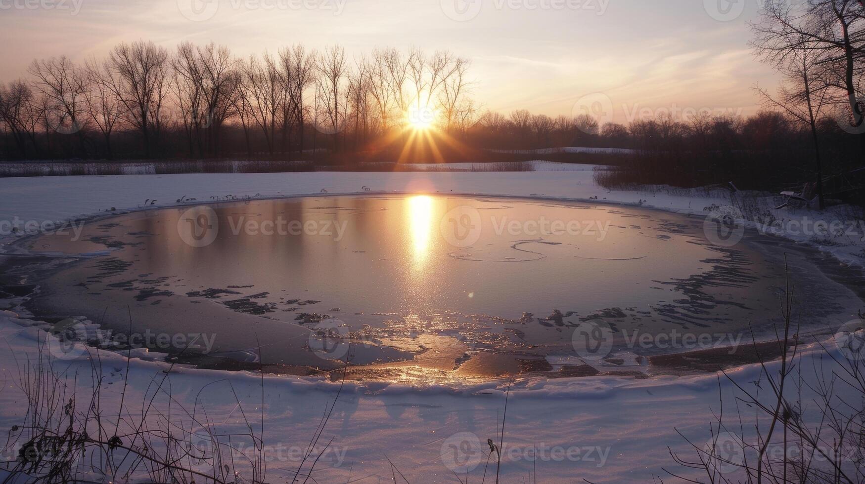 A serene and quiet ice hole with no signs of anyone daring to take a dip as the sun sets on the frozen lake photo