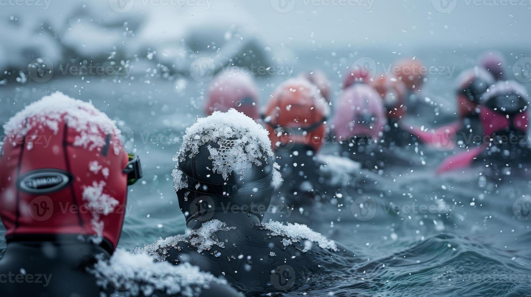 Snowflakes gently fall onto the heads of shivering swimmers as they wait for their turn to take on the challenging open water course photo