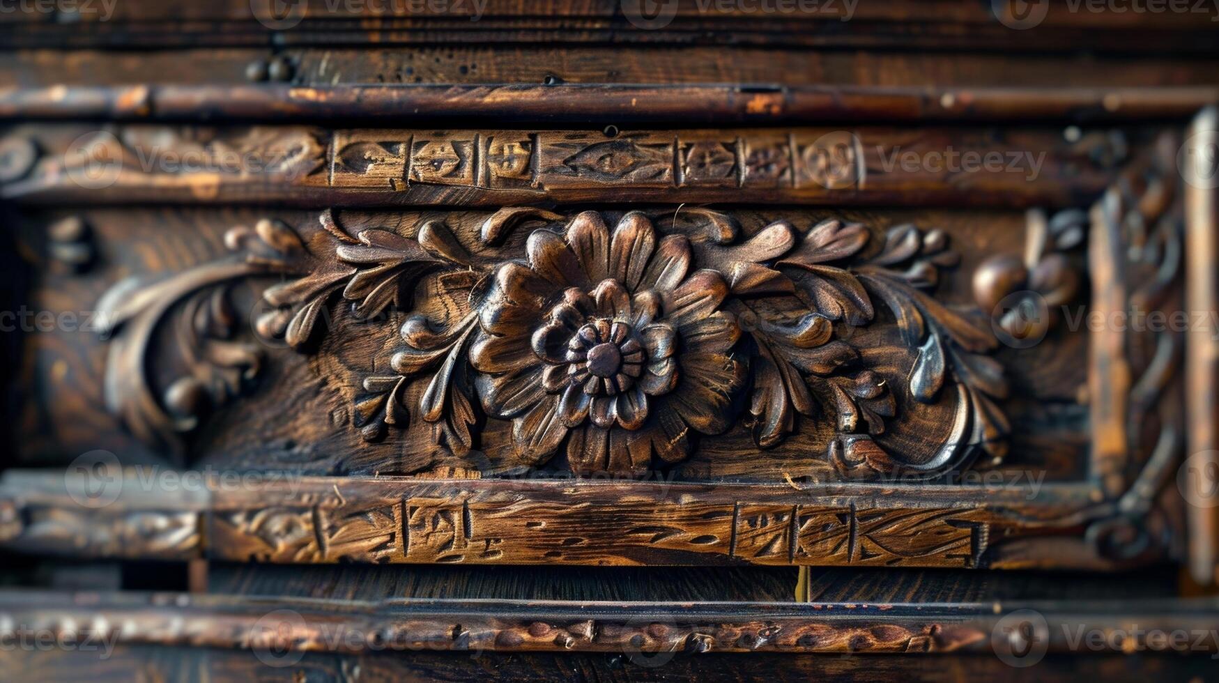 A closeup of a wooden dresser featuring intricate carvings and a worn aged look photo