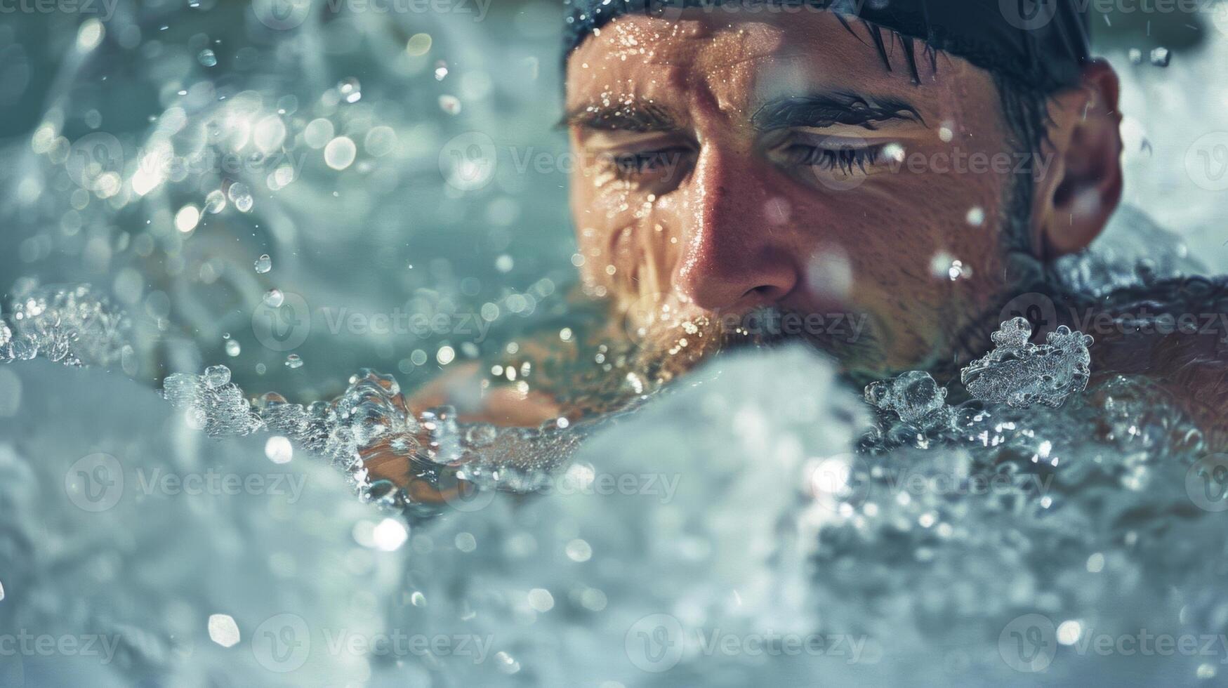 A man goes for a dip in an ice bath choosing to strengthen his immune system through cold exposure photo