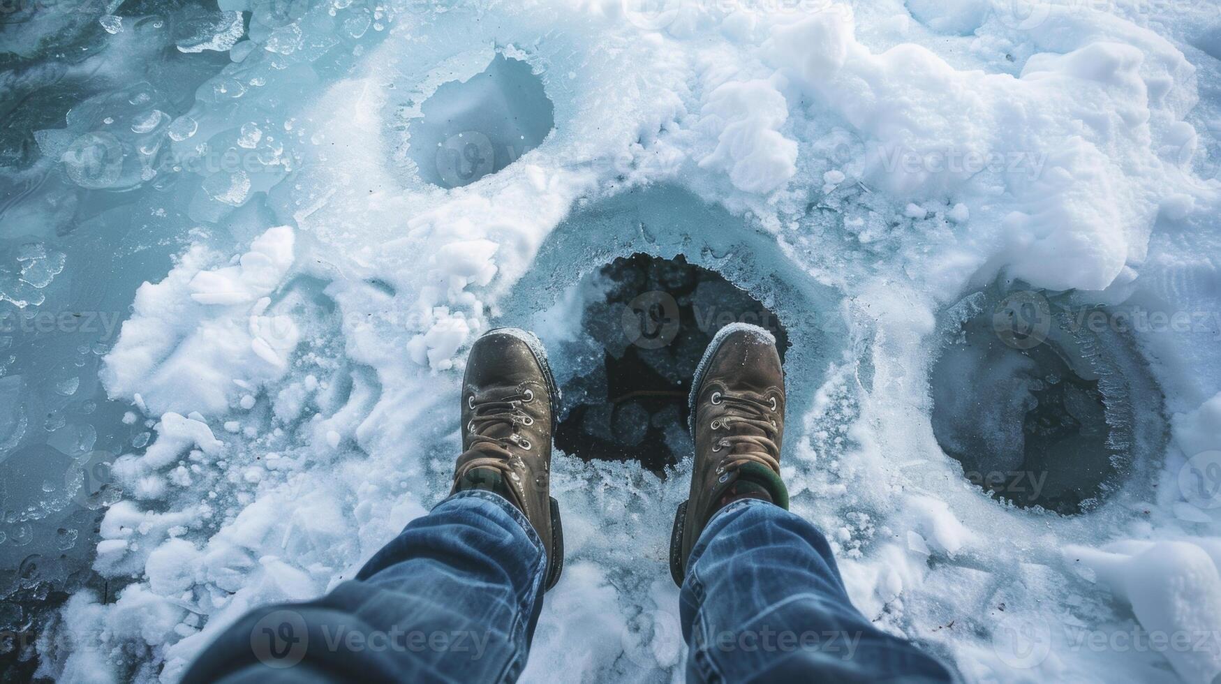 A person sitting on a frozen river their legs submerged in a hole for their ice plunge photo