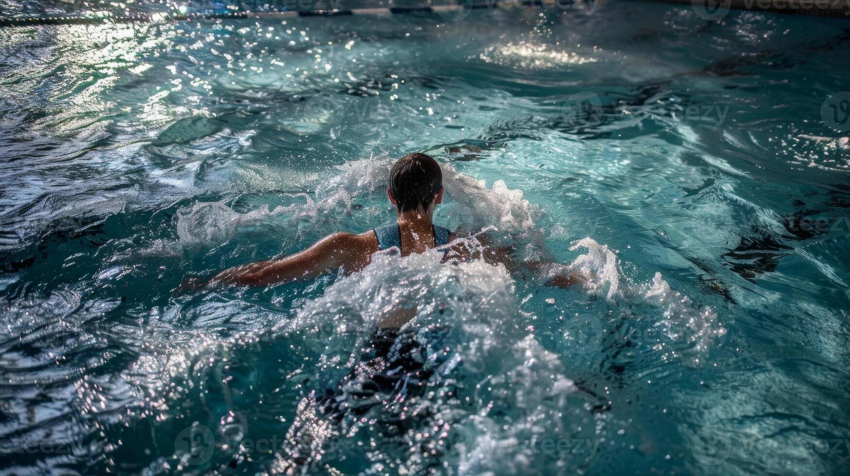 A person swims laps in a pool filled with frigid water their strong strokes breaking through the surface as they complete their daily cold water workout photo