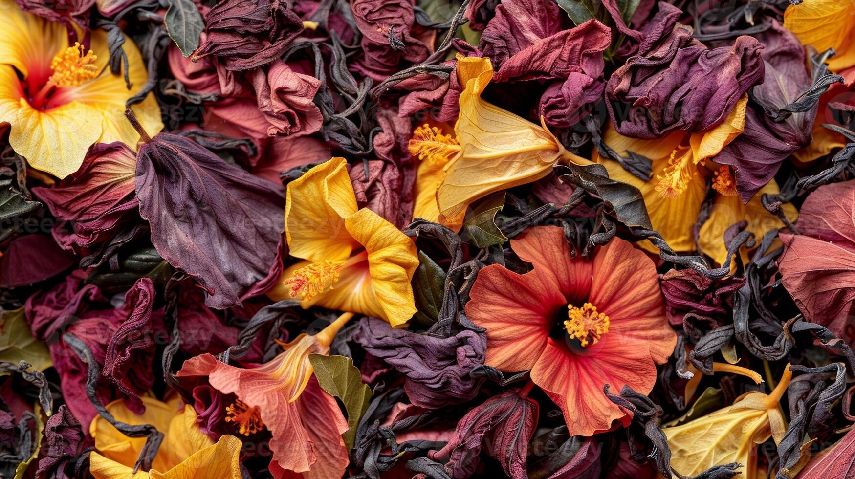 The vibrant shades of red yellow and purple on a of dried hibiscus flowers intertwined with wiry green tea leaves photo