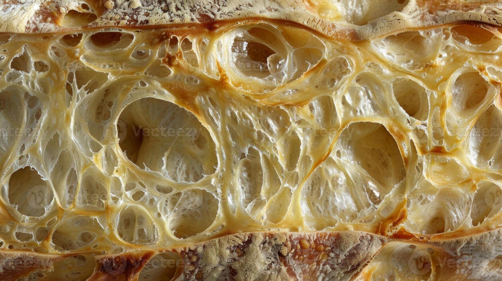 A closeup of a French sourdough boule highlighting the bubbly irregular holes tered throughout the interior photo