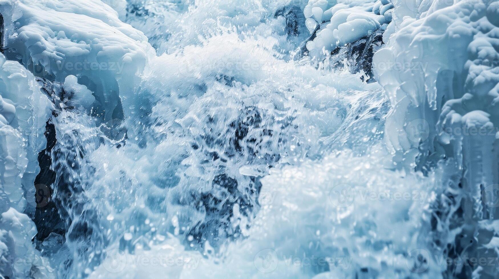 Surrounded by towering snowcovered peaks an icy waterfall creates a natural ice bath for those brave enough to take a dip photo