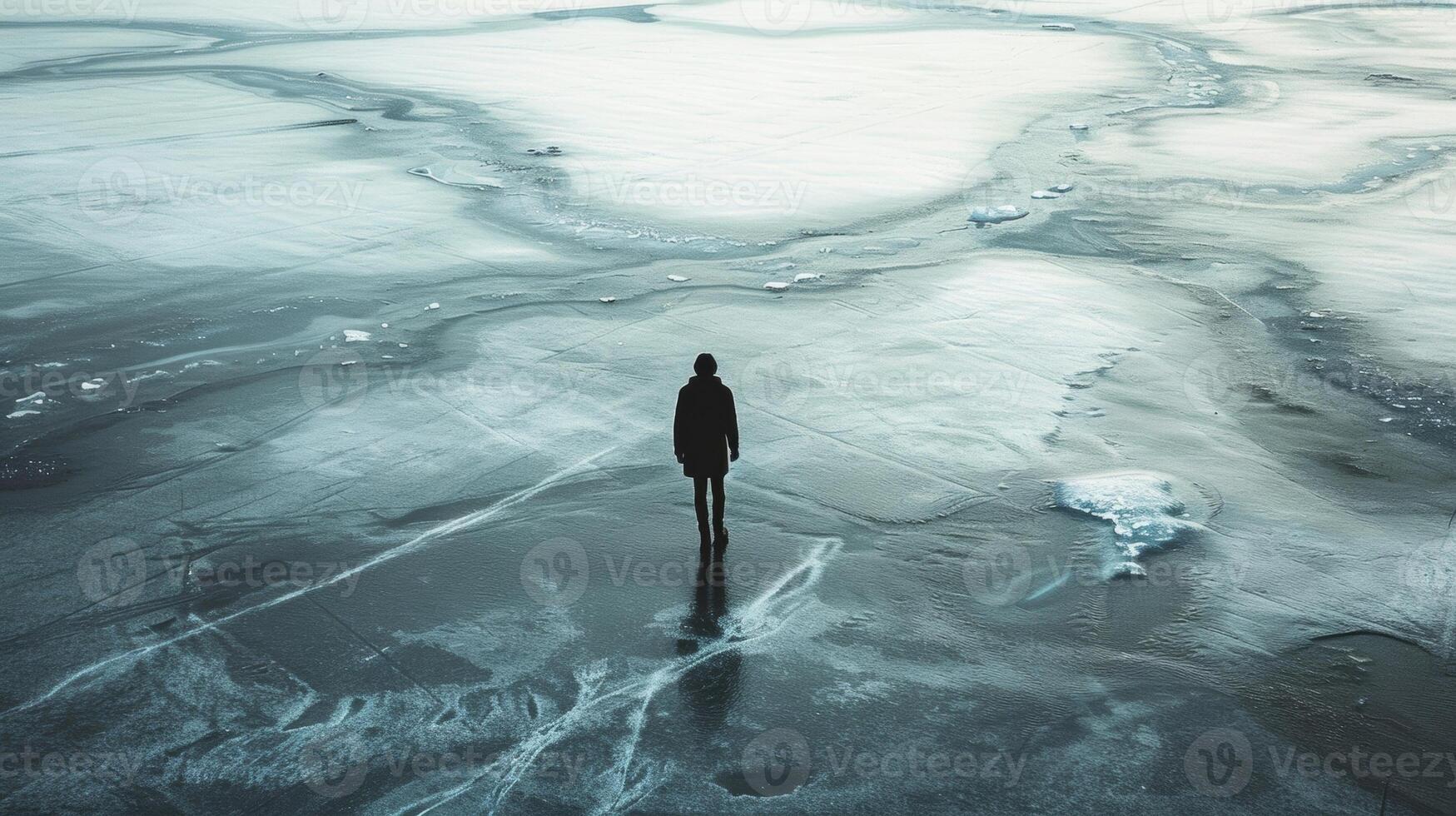 A solitary figure standing in the middle of the frozen lake the only sound being the soft crunch of ice under their feet photo