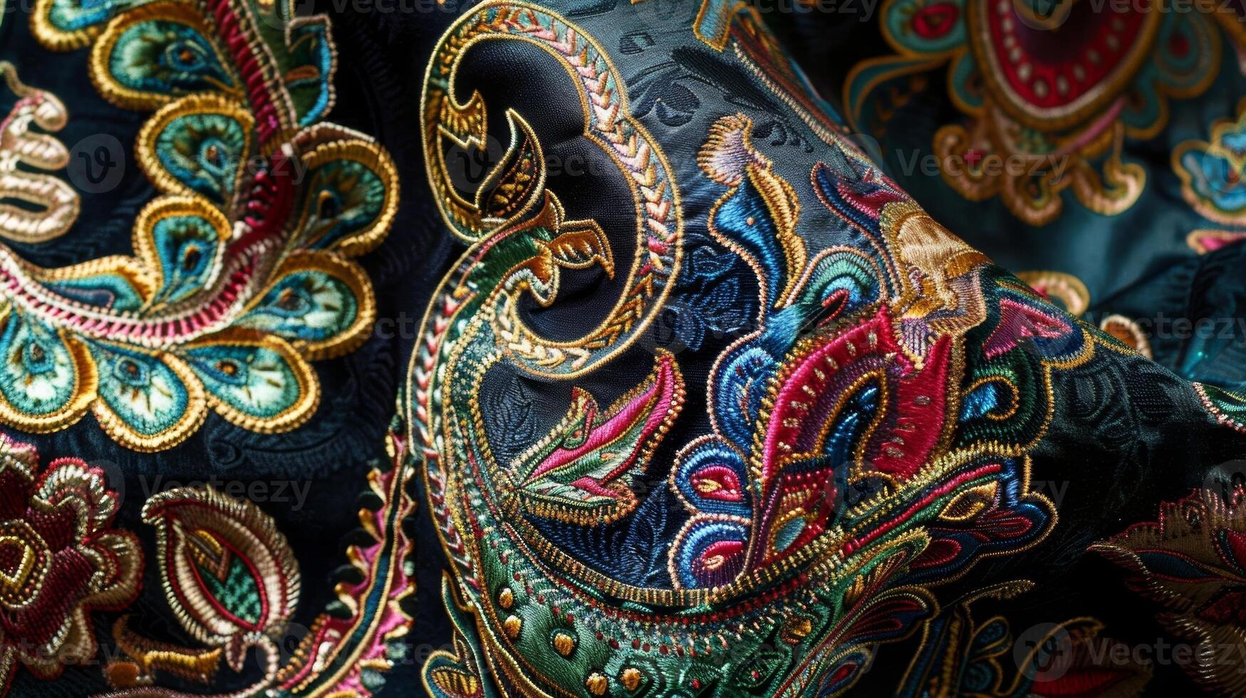 An upclose view of a vintage paisley fabric showcasing a variety of jewel tones such as emerald green sapphire blue and ruby red on a black background. The intricate paisley design photo