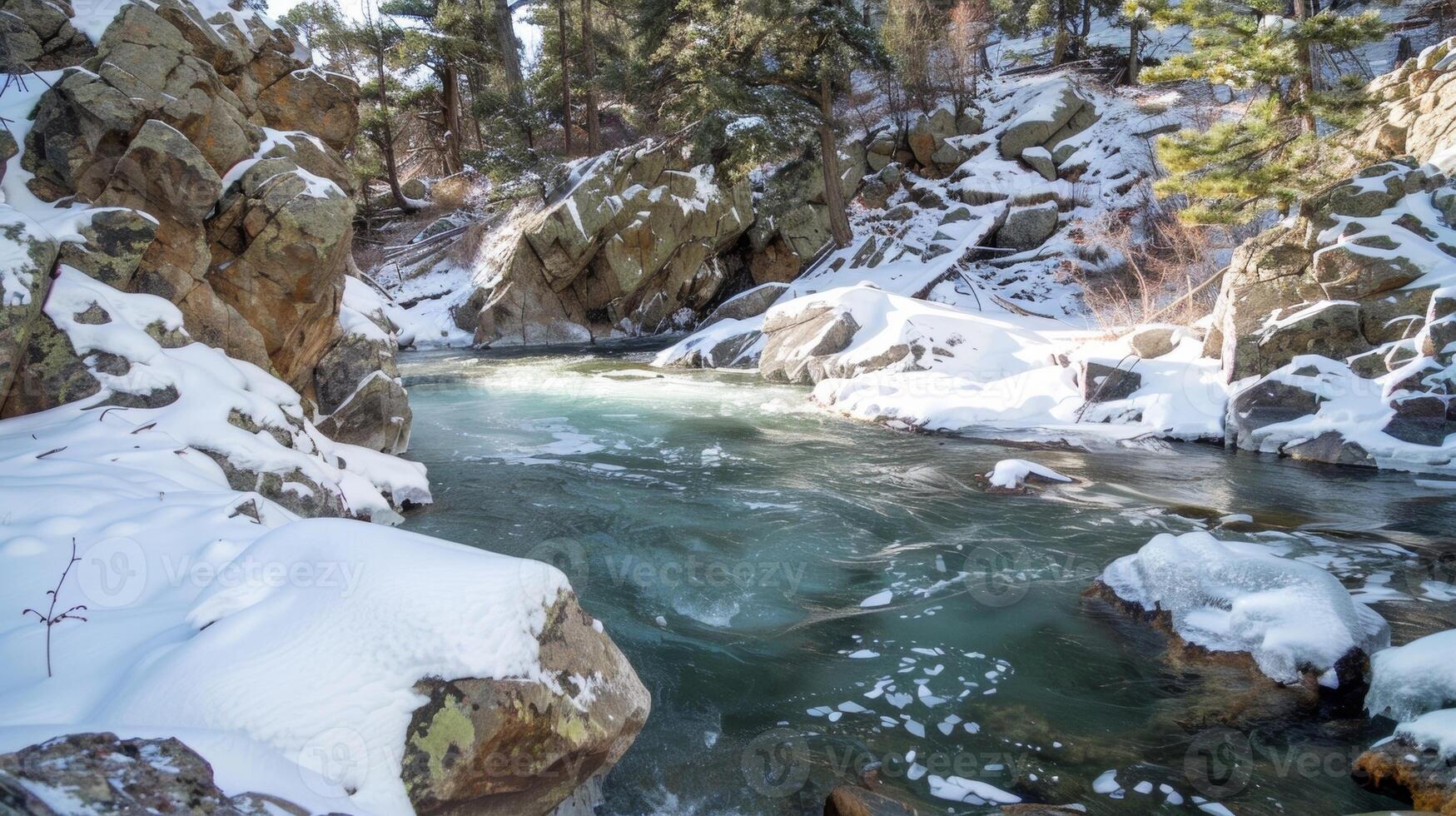 A rocky river bank with an ice bath nestled a the rocks offering a refreshing dip while surrounded by nature photo