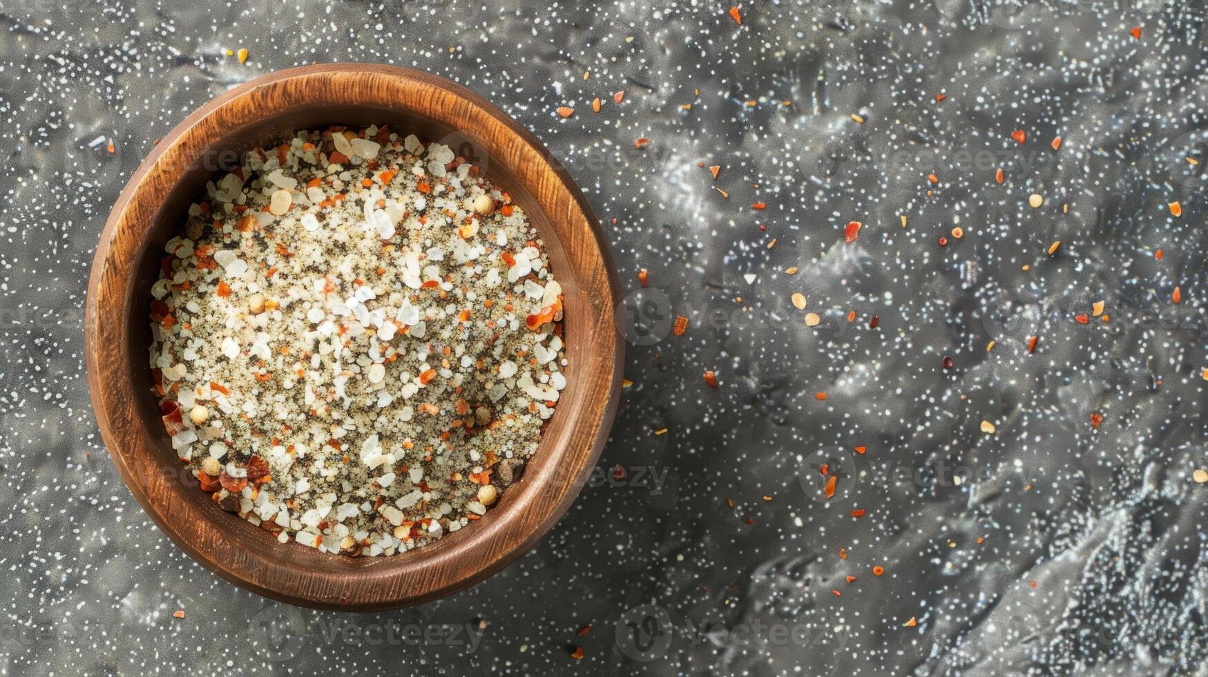 An overhead view of a small wooden bowl filled with a medley of co and finely ground es. The fine particles have settled at the bottom creating a layered effect with the larger piece photo