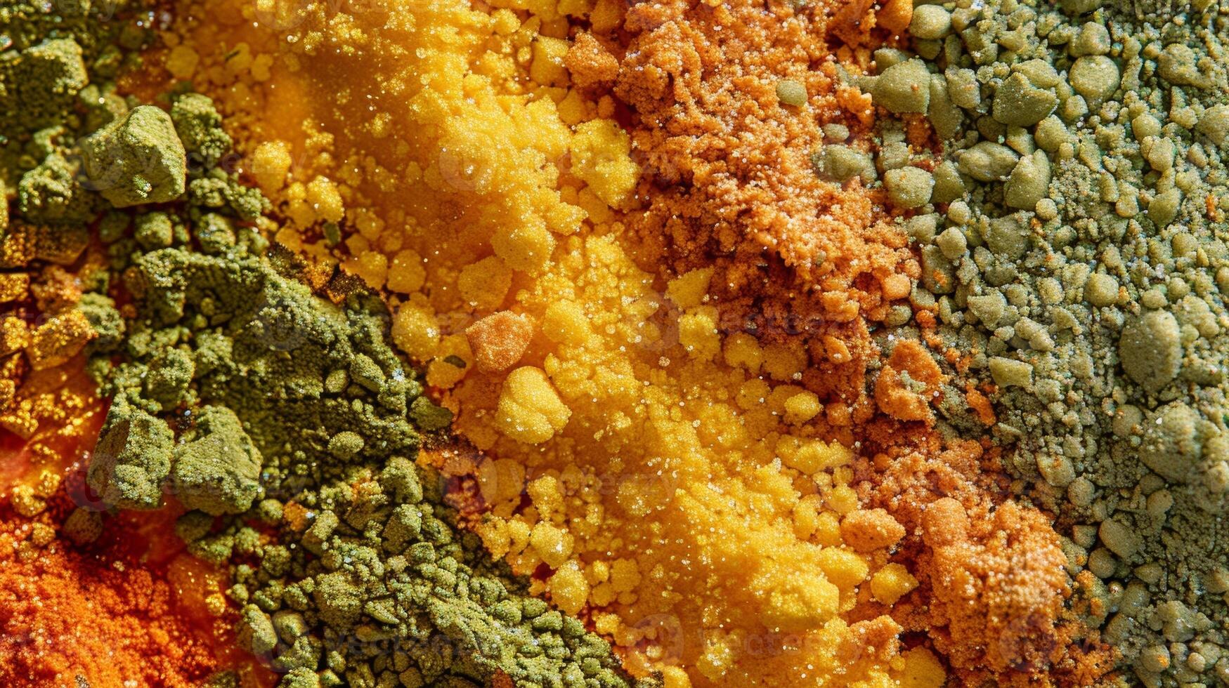 In this image vibrant shades of green and yellow stand out against a background of deep red and orange es. The finely ground herbs appear almost fluffy while the co seeds add a grain photo