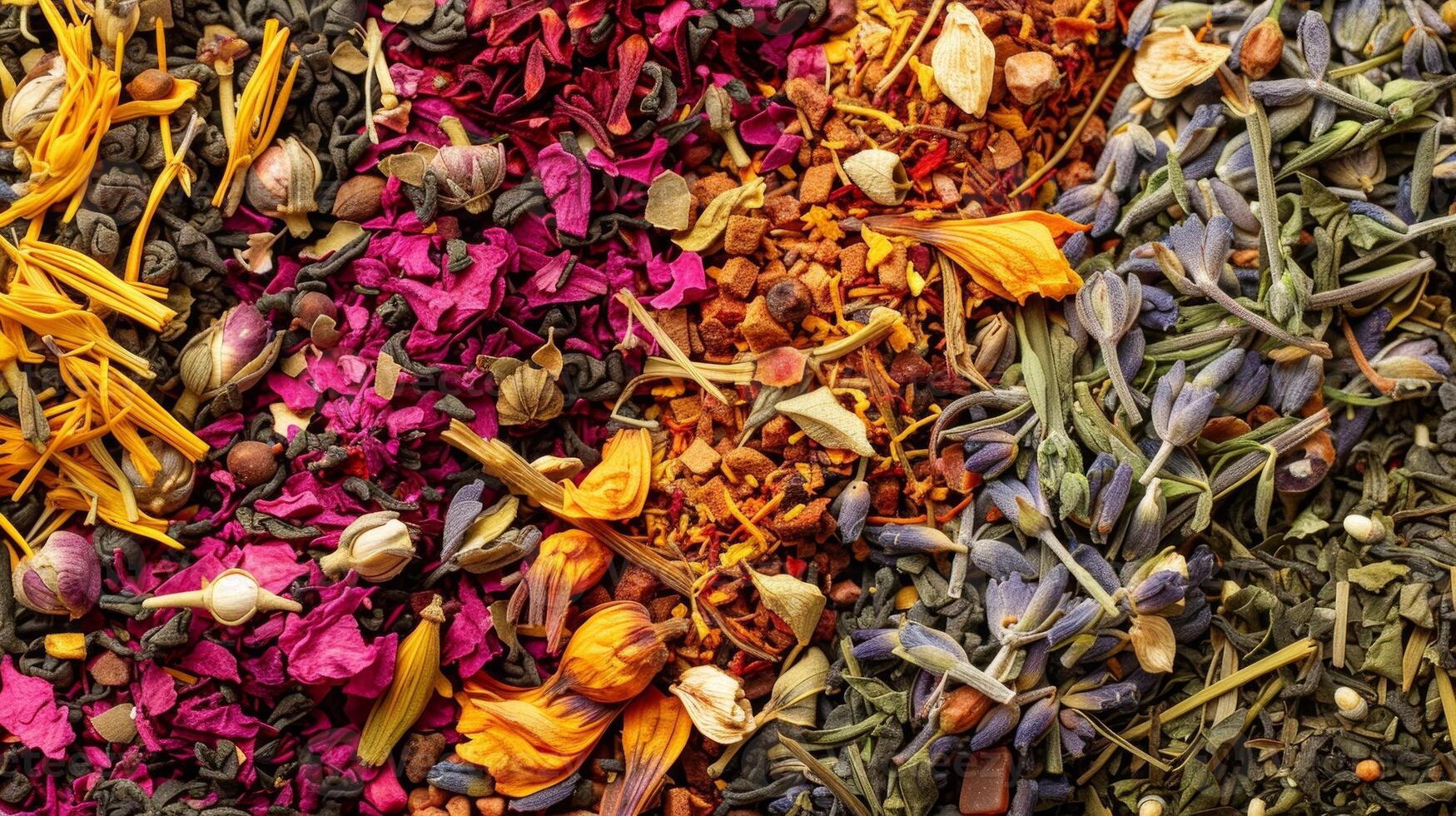 A composition of assorted herbal tea blends with bright petals twigs and buds that make up the diverse palette of organic tea photo