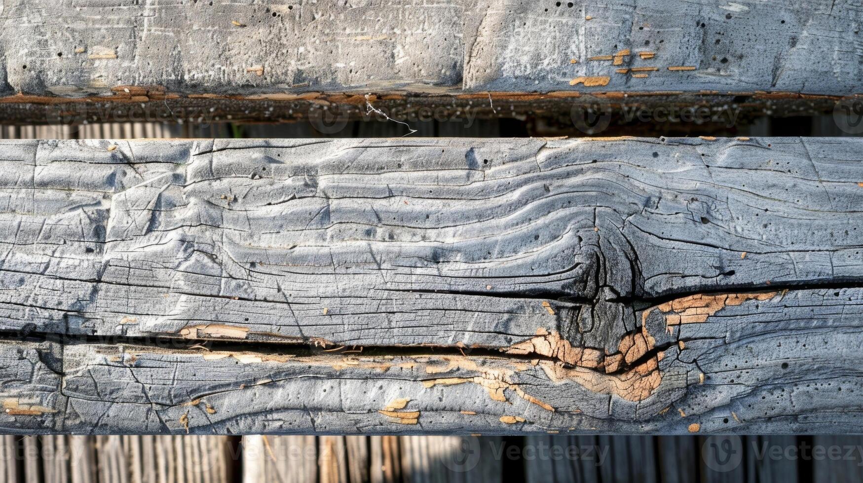 The closeup of a weathered wooden bench showcasing the rough edges and lines of the wood and its earthy tones photo