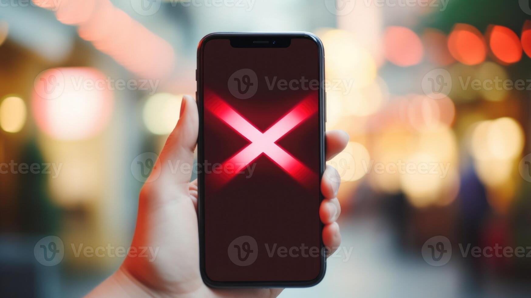 Closeup of a smartphone with a red X over it, reminding users to think before posting hurtful messages online. photo