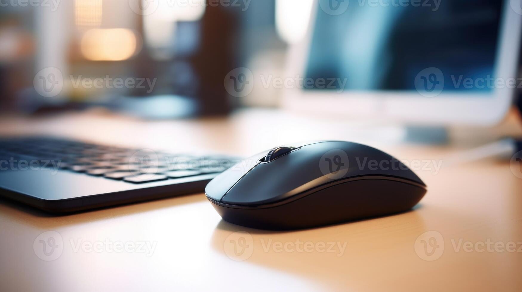 Closeup of a sleek wireless mouse resting on a desk next to a notebook and pen. photo