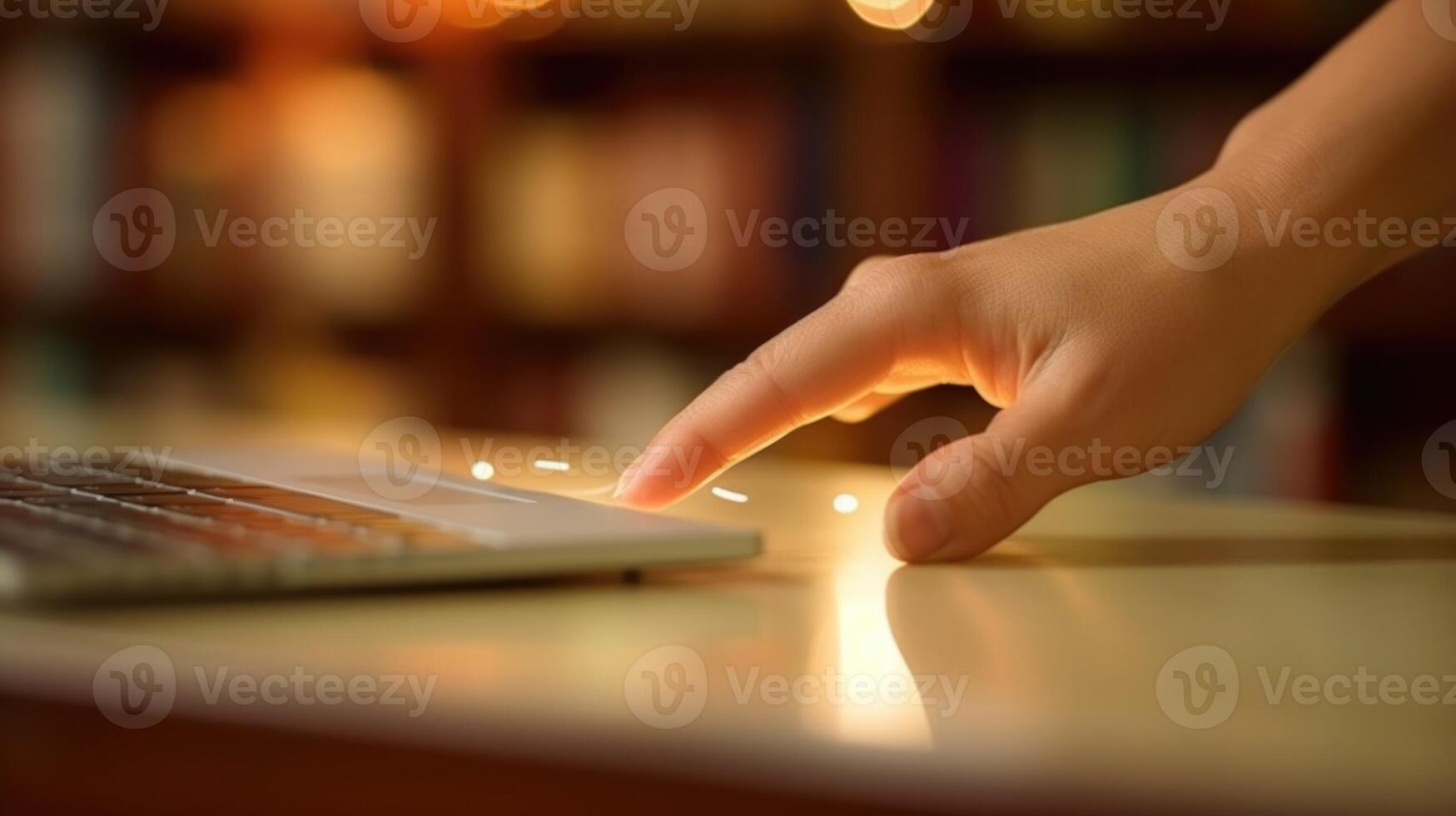 Closeup of a hand using a mouse to navigate through the virtual book club discussion platform. photo