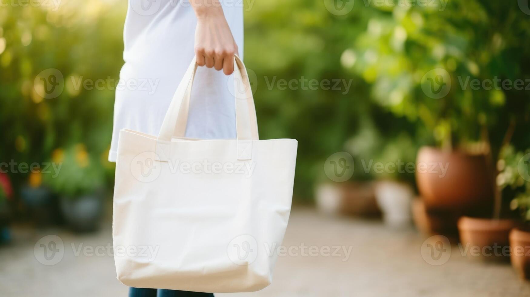 Closeup of a person holding a reusable canvas tote bag, a simple solution to reduce plastic bag usage. photo