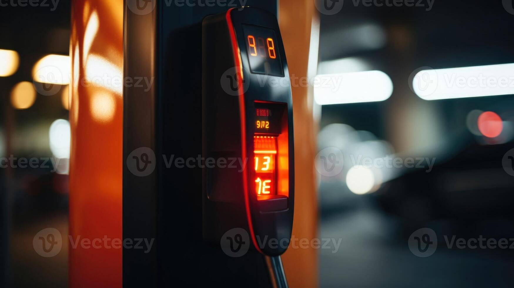 Closeup of a charging station with a charging in progress indicator light lit up. photo